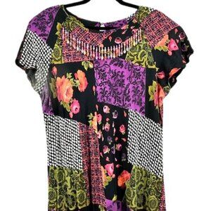 K Studio Women's Patchwork Floral Roses Print Beaded Neckline Blouse Size 16 Y2K